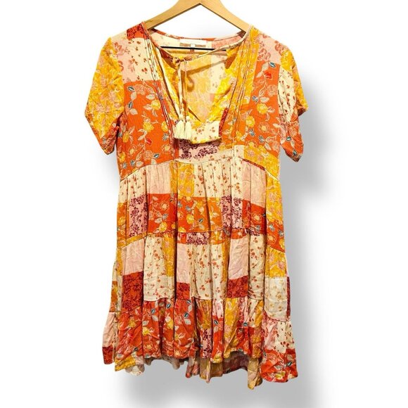 Olivaceous Mini Dress Women’s Medium Patchwork Design Tassle Textured Boho - Picture 1 of 14